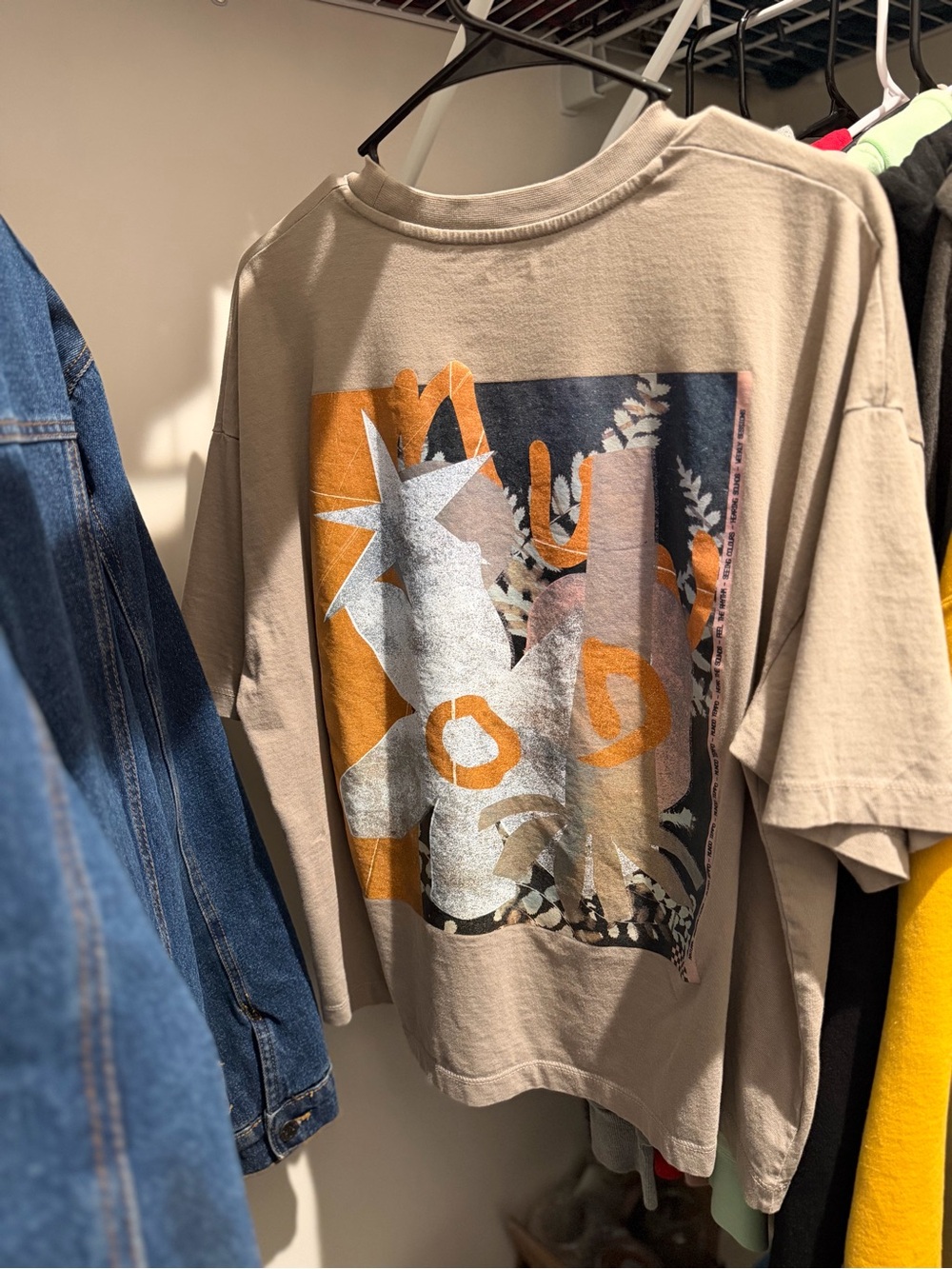 ASOS Beige Short-Sleeve Tee with Orange and White Graphic on Back